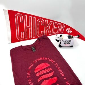 Chick-Fil-A Merch Bundle: Mini Plush Cow, Pendant & Maple Pepper Bacon Shirt